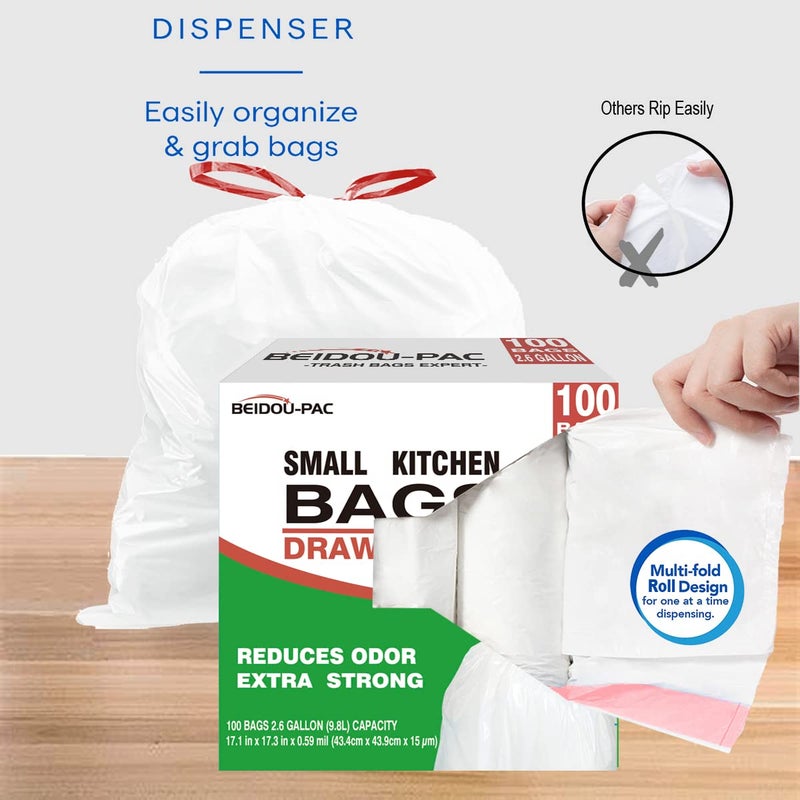BEIDOU-PAC Trash Bags 2.6 Gallon Drawstring, 100 Count, Multifold Roll Garbage Bags, Small Kitchen Trash Bags, Odorless & Extra Thick White Plastic Food Scrap Bag for Home Office Bathroom Kitchen Bins - Image 2